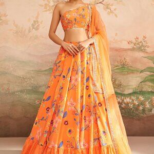 Orange Floral Printed Lehenga